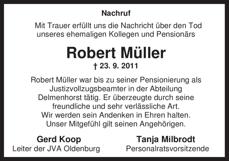  Traueranzeige für Robert Müller vom 27.09.2011 aus Nordwest-Zeitung
