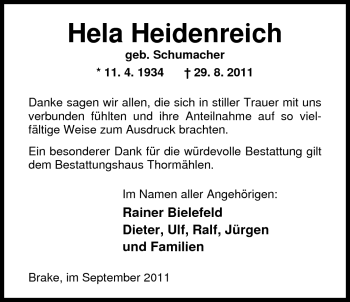 Traueranzeige von Hela Heidenreich von Nordwest-Zeitung