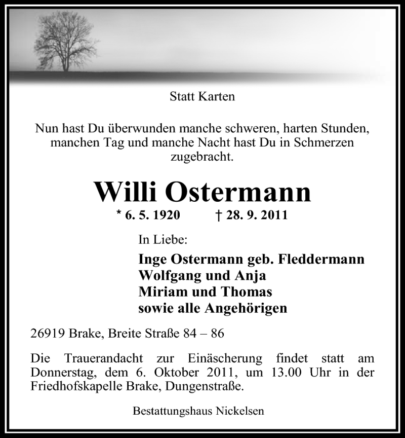  Traueranzeige für Willi Ostermann vom 30.09.2011 aus Nordwest-Zeitung