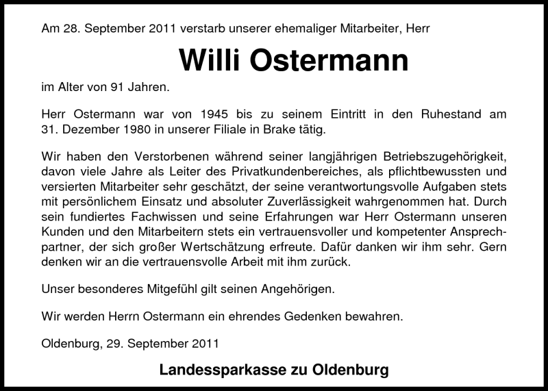  Traueranzeige für Willi Ostermann vom 30.09.2011 aus Nordwest-Zeitung