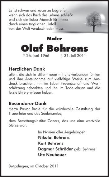 Traueranzeige von Olaf Behrens von Nordwest-Zeitung