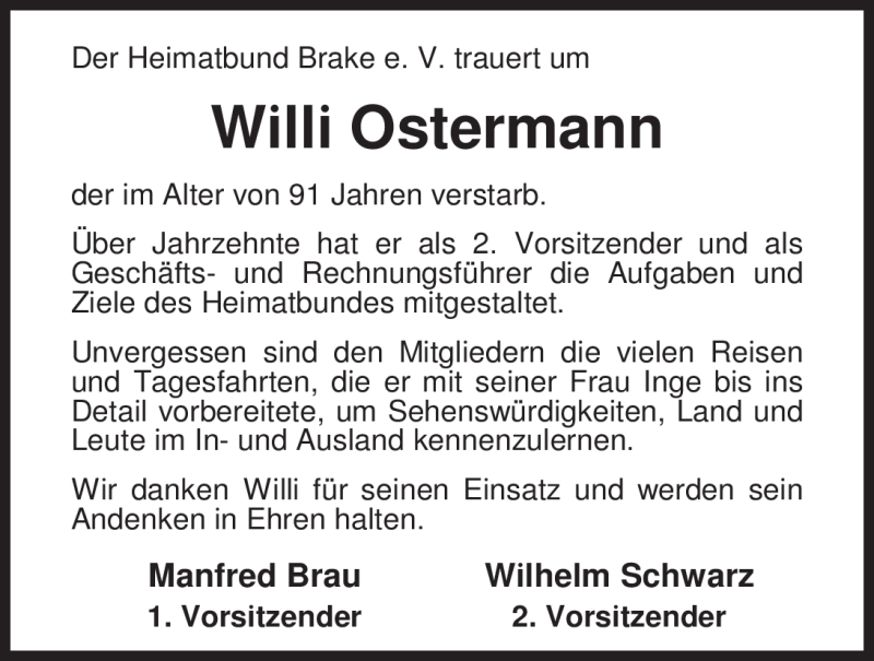  Traueranzeige für Willi Ostermann vom 01.10.2011 aus Nordwest-Zeitung