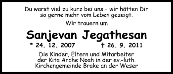 Traueranzeige von Sanjevan Jegathesan von Nordwest-Zeitung