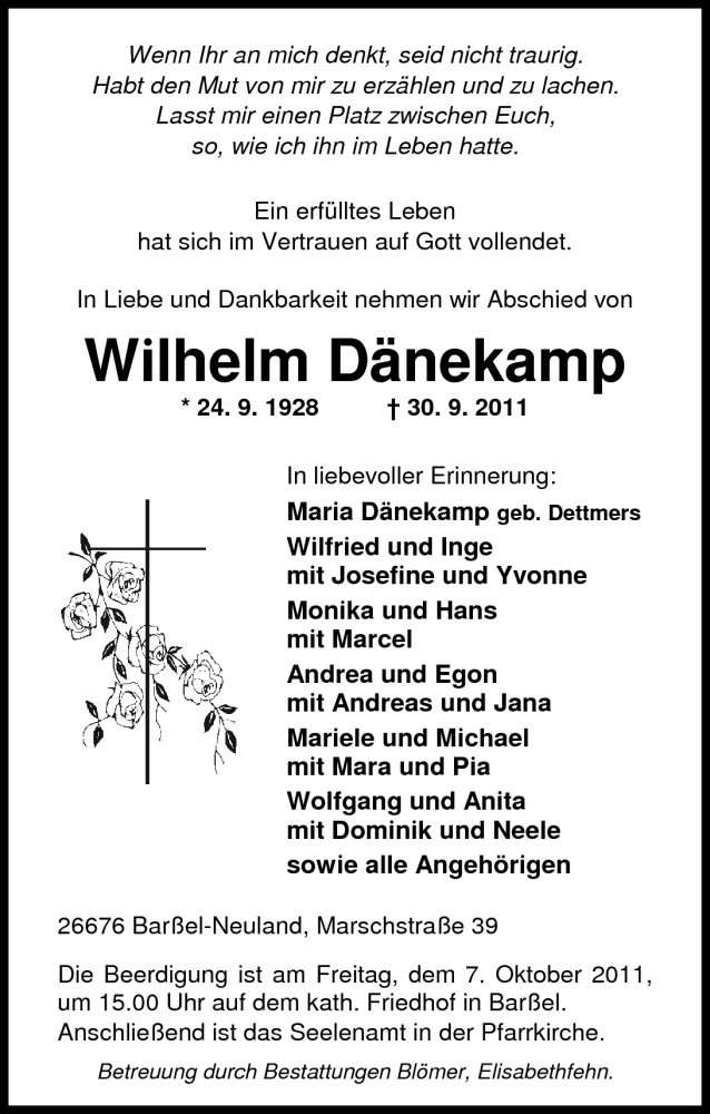  Traueranzeige für Wilhelm Dänekamp vom 04.10.2011 aus Nordwest-Zeitung