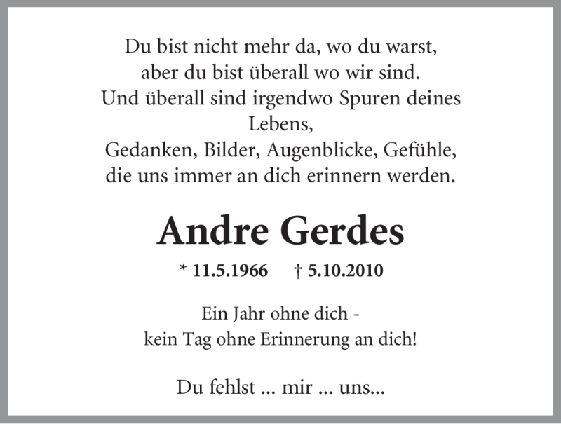  Traueranzeige für Andre Gerdes vom 05.10.2011 aus Nordwest Zeitung