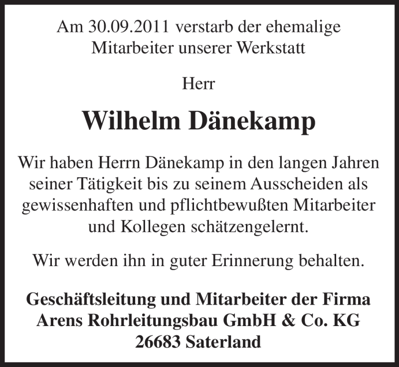 Traueranzeige für Wilhelm Dänekamp vom 05.10.2011 aus Nordwest-Zeitung