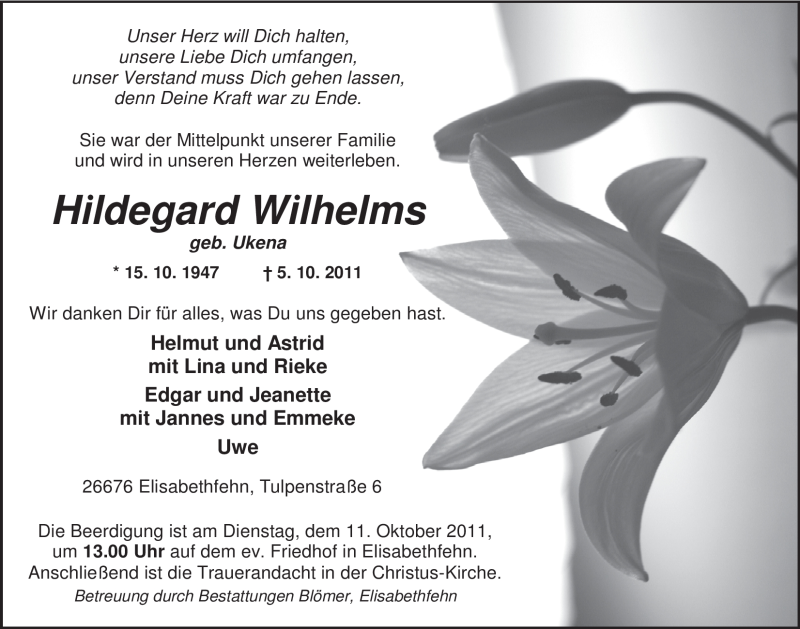  Traueranzeige für Hildegard Wilhelms vom 07.10.2011 aus Nordwest-Zeitung