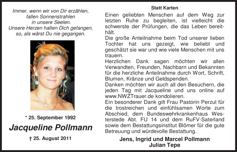  Traueranzeige für Jacqueline Pollmann vom 08.10.2011 aus Nordwest-Zeitung