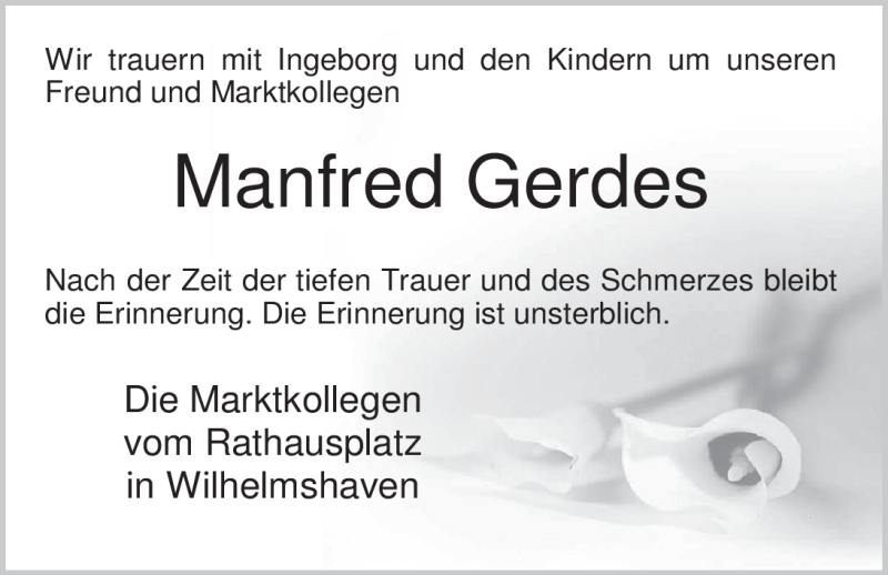  Traueranzeige für Manfred Gerdes vom 07.10.2011 aus Nordwest-Zeitung
