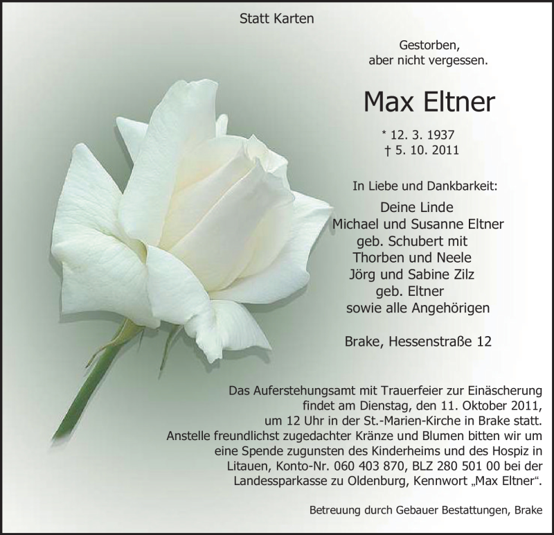  Traueranzeige für Max Eltner vom 07.10.2011 aus Nordwest-Zeitung