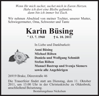 Traueranzeige von Karin Büsing von Nordwest-Zeitung