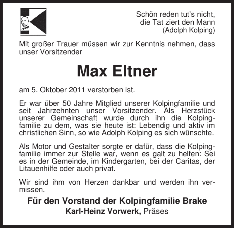  Traueranzeige für Max Eltner vom 08.10.2011 aus Nordwest-Zeitung