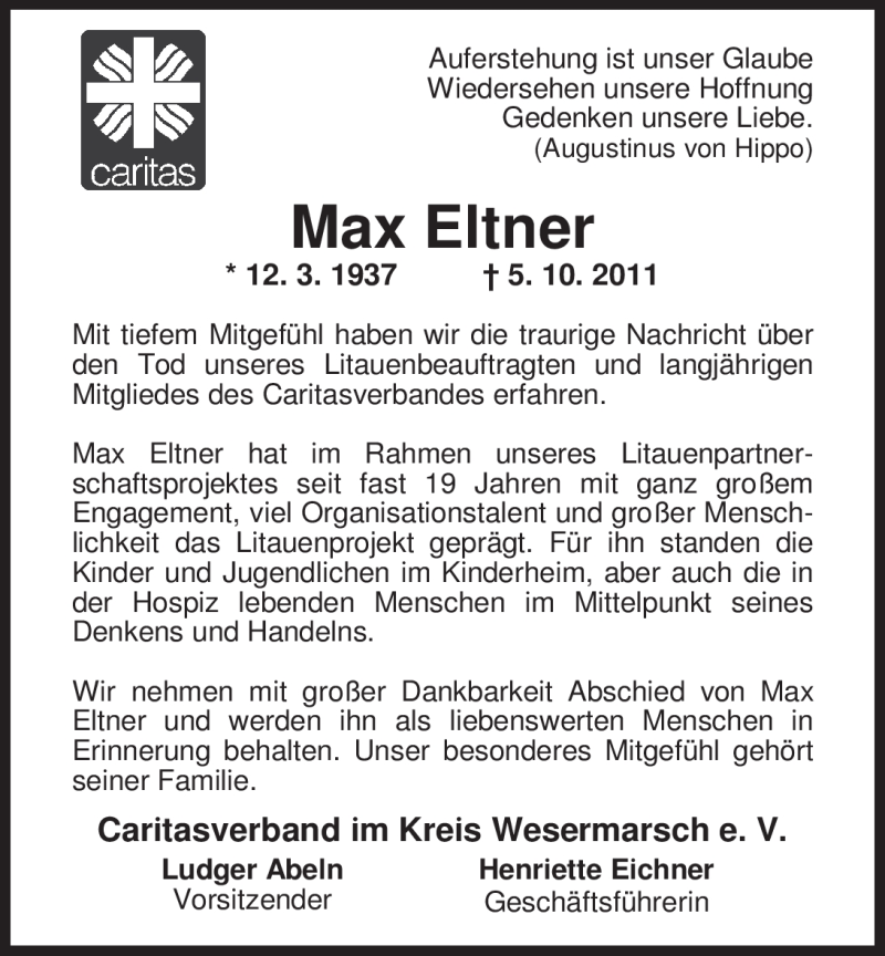  Traueranzeige für Max Eltner vom 08.10.2011 aus Nordwest-Zeitung