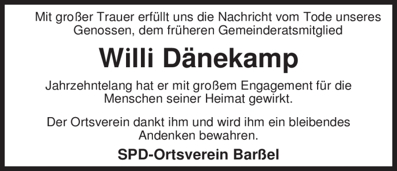  Traueranzeige für Wilhelm Dänekamp vom 08.10.2011 aus Nordwest-Zeitung