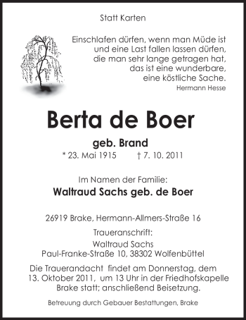 Traueranzeige von Berta de Boer von Nordwest-Zeitung