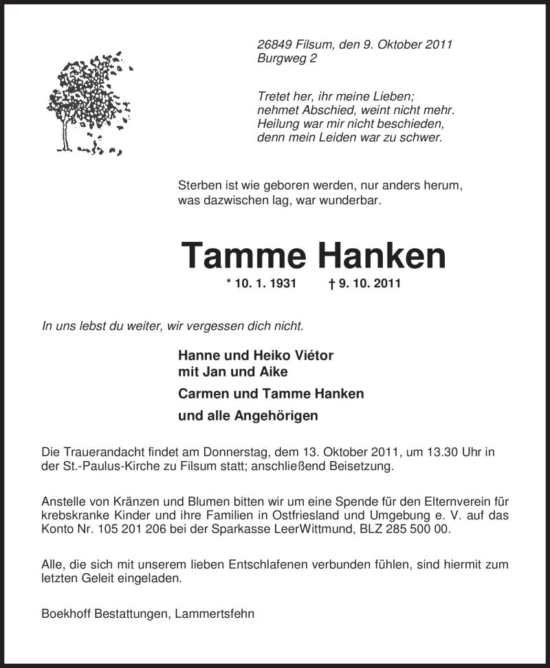  Traueranzeige für Tamme Hanken vom 10.10.2011 aus Nordwest-Zeitung