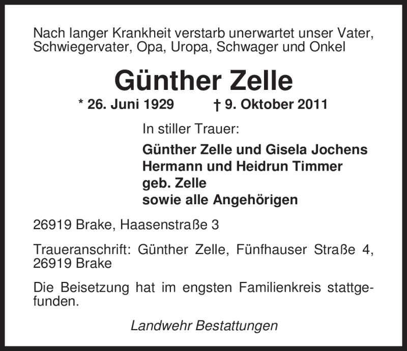  Traueranzeige für Günther Zelle vom 14.10.2011 aus Nordwest-Zeitung