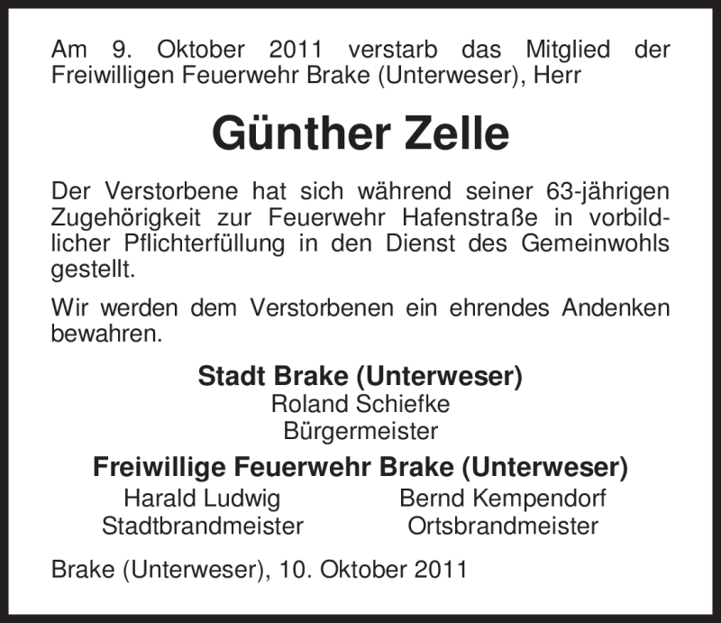  Traueranzeige für Günther Zelle vom 14.10.2011 aus Nordwest-Zeitung