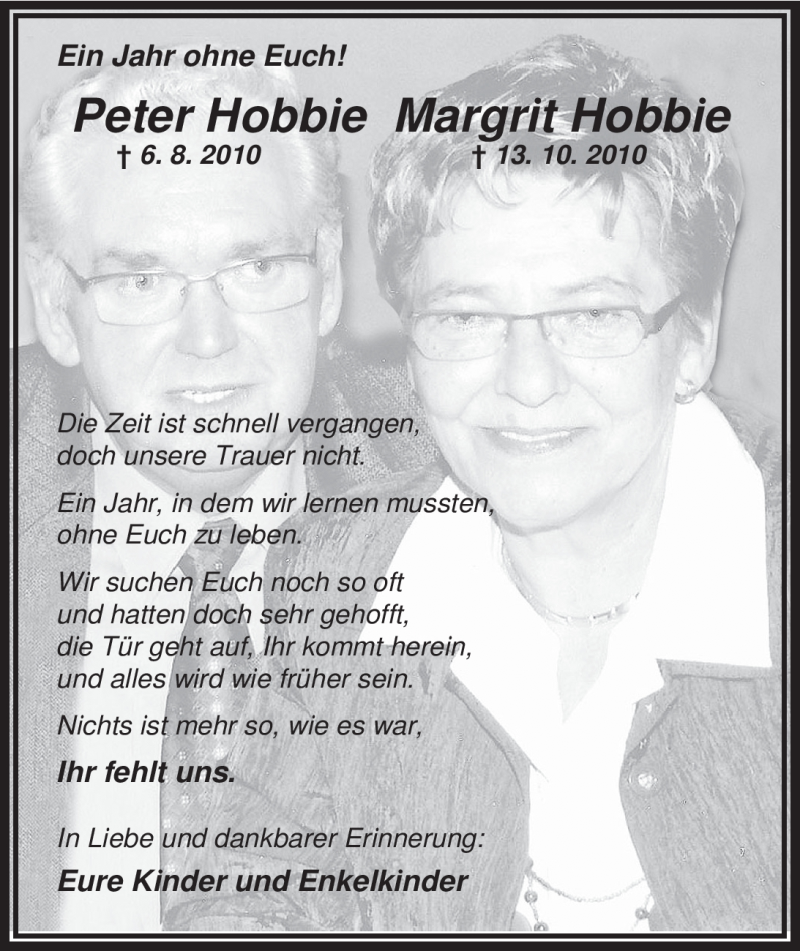  Traueranzeige für Peter Hobbie vom 13.10.2011 aus Nordwest-Zeitung