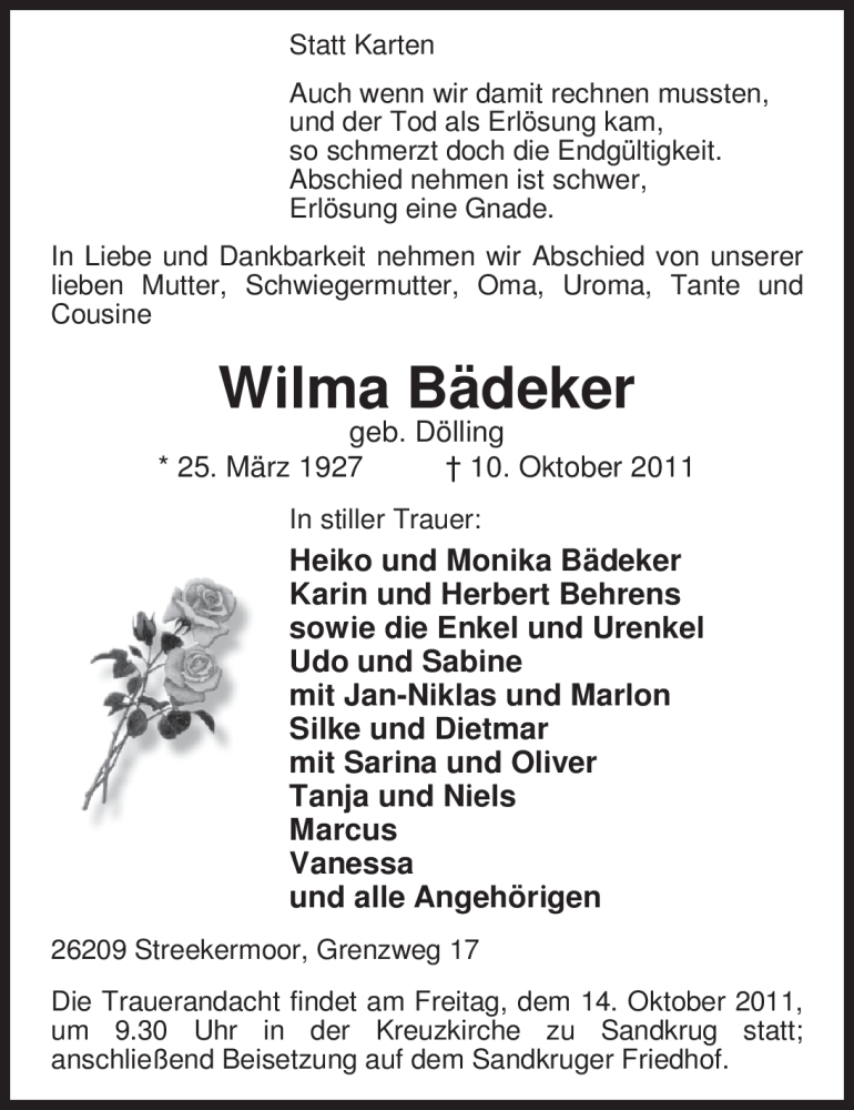 Traueranzeige für Wilma Bädeker vom 12.10.2011 aus Nordwest-Zeitung