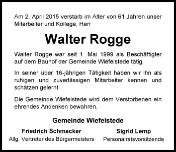 Traueranzeige von Walter Rogge von Nordwest-Zeitung