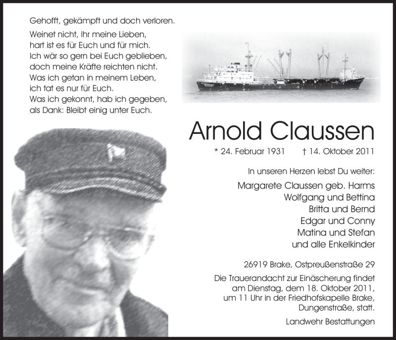  Traueranzeige für Arnold Claussen vom 17.10.2011 aus Nordwest-Zeitung