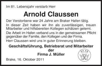 Traueranzeige von Arnold Claussen von Nordwest-Zeitung
