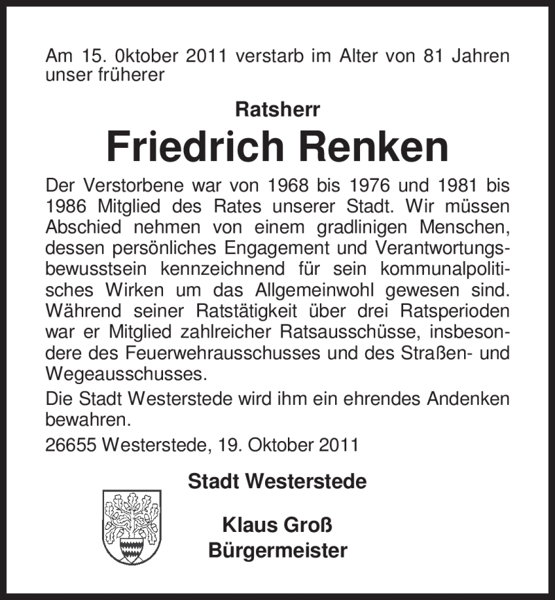  Traueranzeige für Friedrich Renken vom 18.10.2011 aus Nordwest-Zeitung