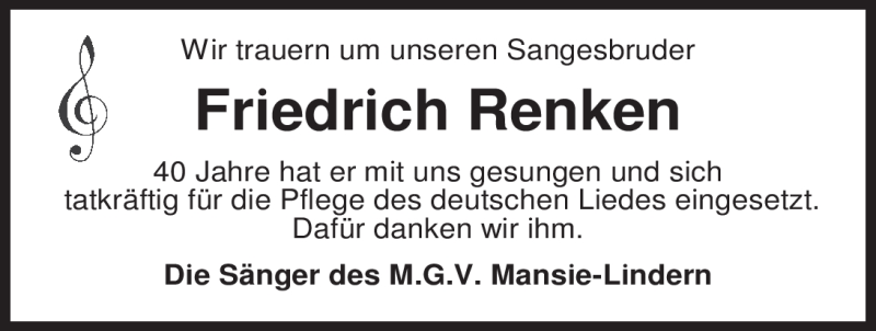  Traueranzeige für Friedrich Renken vom 18.10.2011 aus Nordwest-Zeitung