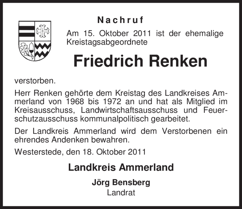  Traueranzeige für Friedrich Renken vom 19.10.2011 aus Nordwest-Zeitung