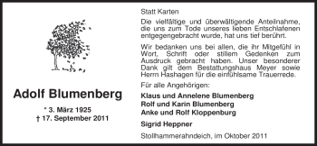 Traueranzeige von Adolf Blumenberg von Nordwest-Zeitung