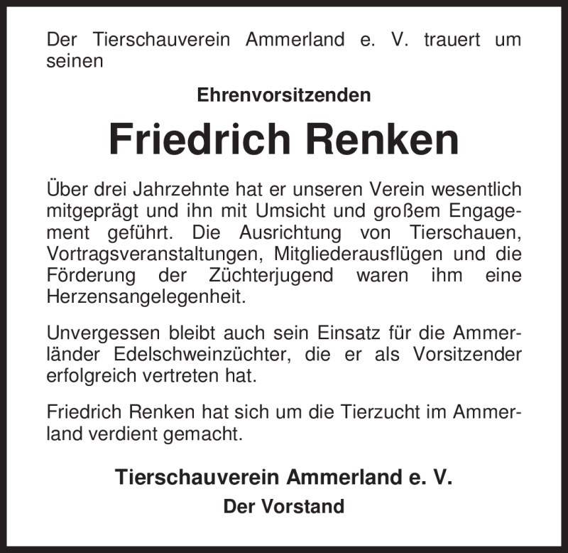  Traueranzeige für Friedrich Renken vom 19.10.2011 aus Nordwest-Zeitung