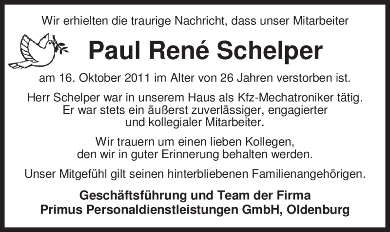  Traueranzeige für Paul René Schelper vom 20.10.2011 aus Nordwest-Zeitung