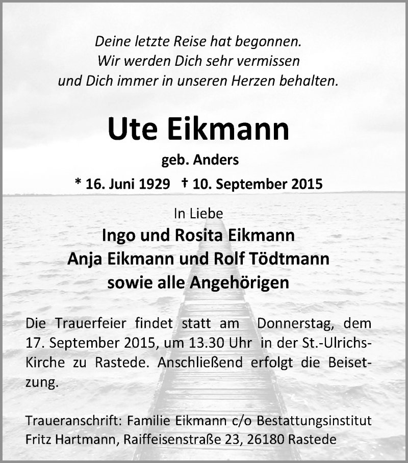  Traueranzeige für Ute Eikmann vom 12.09.2015 aus Nordwest-Zeitung