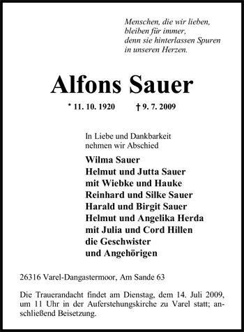 Traueranzeige von Alfons Sauer von Nordwest-Zeitung