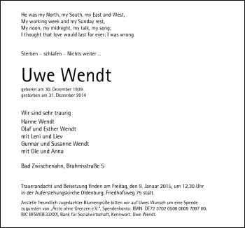 Traueranzeige von Uwe Wendt von Nordwest-Zeitung