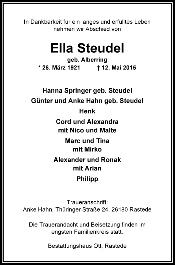 Traueranzeige von Ella Steudel von Nordwest-Zeitung