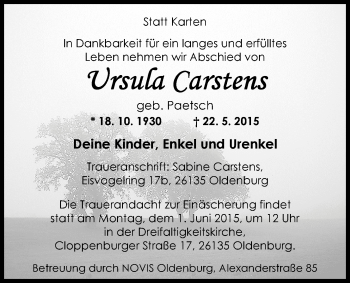 Traueranzeige von Ursula Carstens von Nordwest-Zeitung