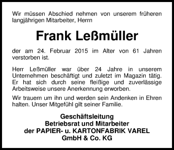Traueranzeige von Frank Leßmüller von Nordwest-Zeitung