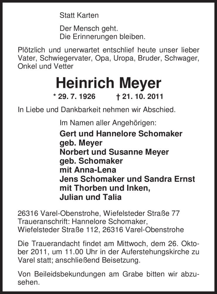  Traueranzeige für Heinrich Meyer vom 24.10.2011 aus Nordwest-Zeitung