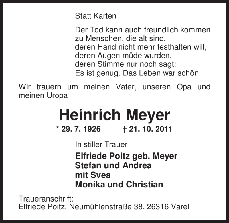  Traueranzeige für Heinrich Meyer vom 24.10.2011 aus Nordwest-Zeitung