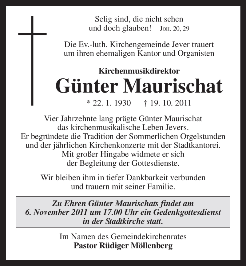  Traueranzeige für Günter Maurischat vom 25.10.2011 aus Nordwest-Zeitung