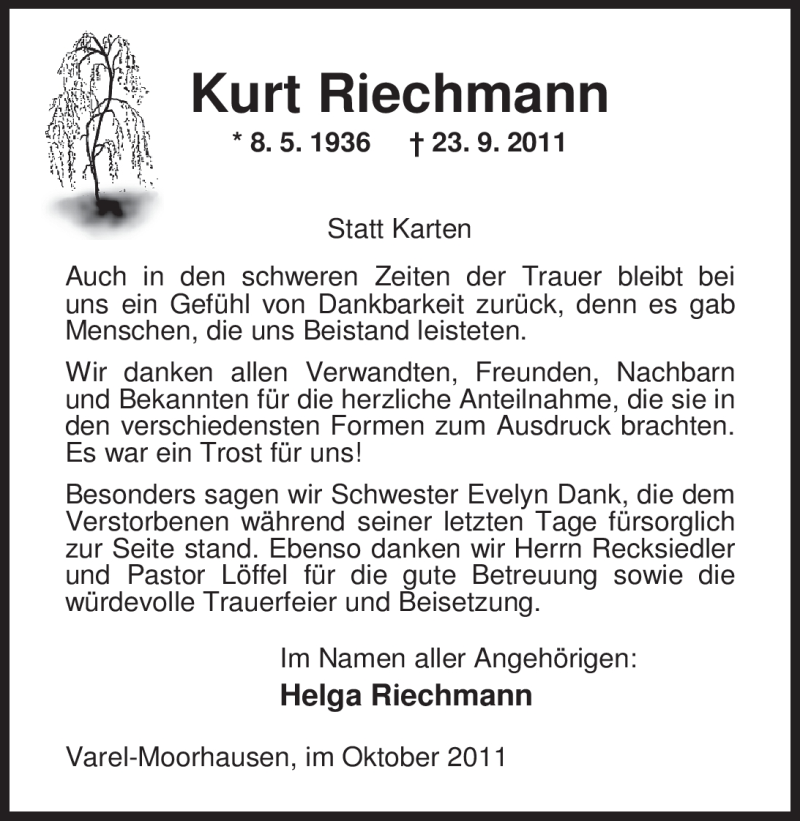  Traueranzeige für Kurt Riechmann vom 29.10.2011 aus Nordwest-Zeitung