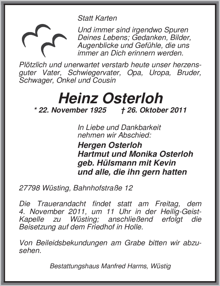  Traueranzeige für Heinz Osterloh vom 28.10.2011 aus Nordwest-Zeitung