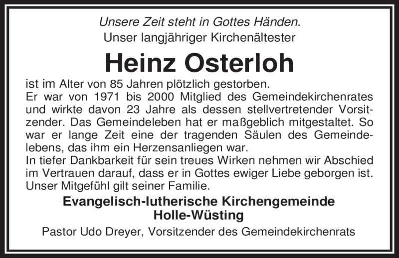  Traueranzeige für Heinz Osterloh vom 28.10.2011 aus Nordwest-Zeitung