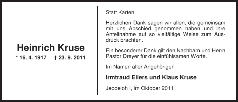  Traueranzeige für Heinrich Kruse vom 29.10.2011 aus Nordwest-Zeitung
