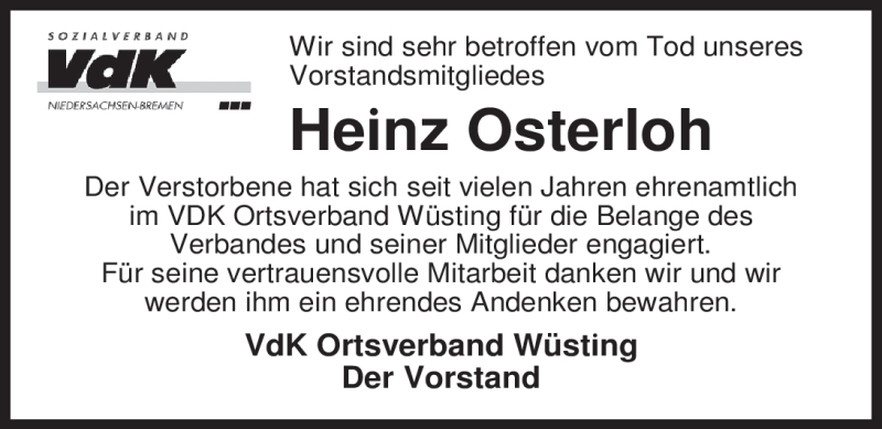  Traueranzeige für Heinz Osterloh vom 29.10.2011 aus Nordwest-Zeitung
