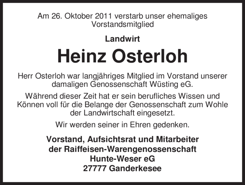  Traueranzeige für Heinz Osterloh vom 29.10.2011 aus Nordwest-Zeitung