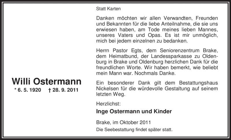  Traueranzeige für Willi Ostermann vom 29.10.2011 aus Nordwest-Zeitung