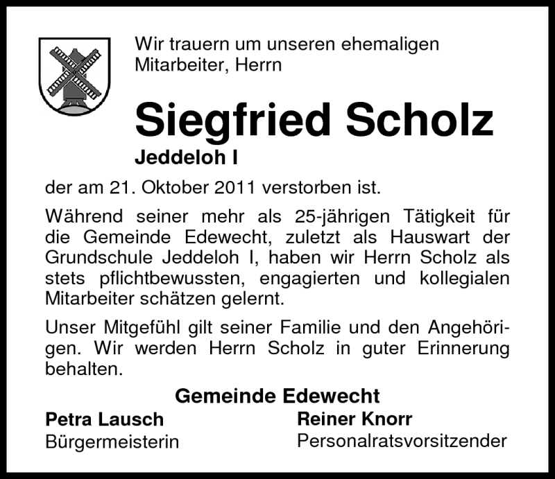  Traueranzeige für Siegfried Scholz vom 01.11.2011 aus Nordwest-Zeitung